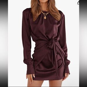 Long sleeve silk tie-in-front dress